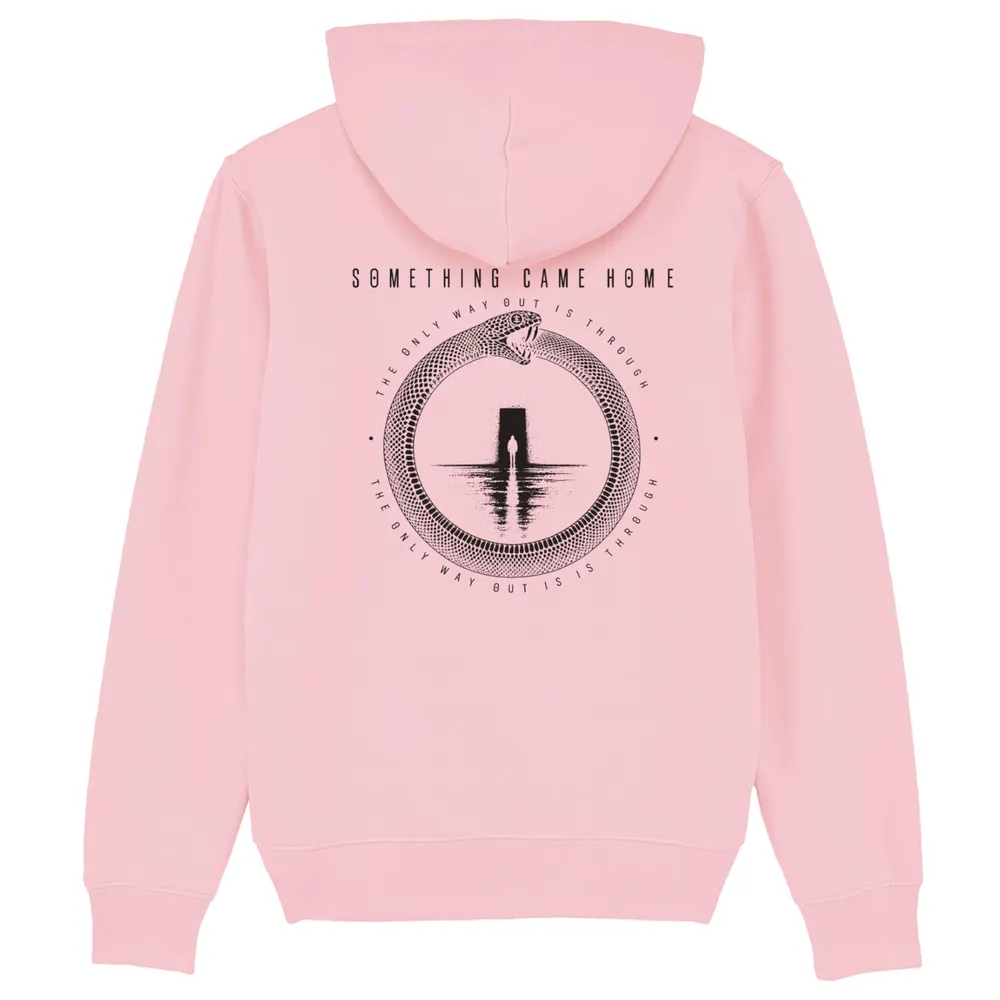 Pullover hoodie in Cotton Pink, back view: full black ouroboros design on the back, a snake circling a lone figure at a doorway.