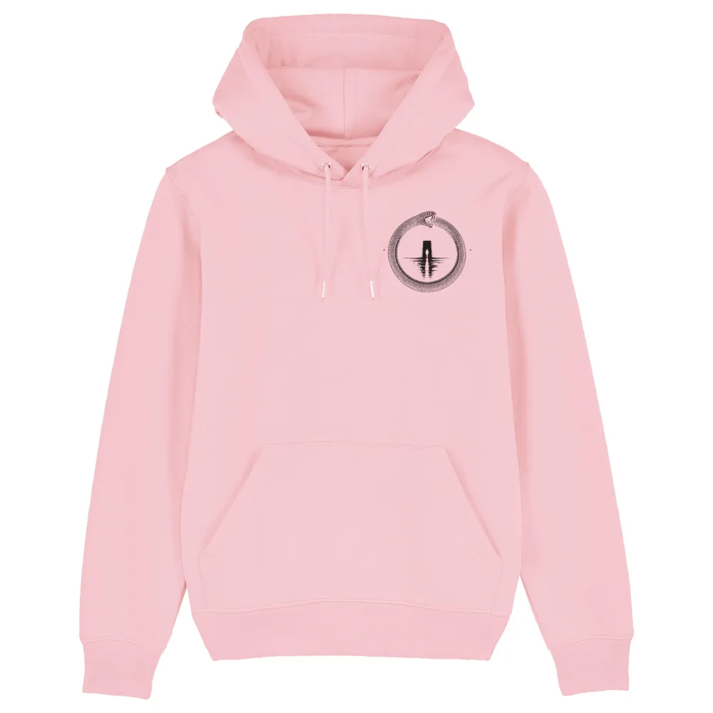 Pullover hoodie in Cotton Pink, front view: small black ouroboros emblem on the front.