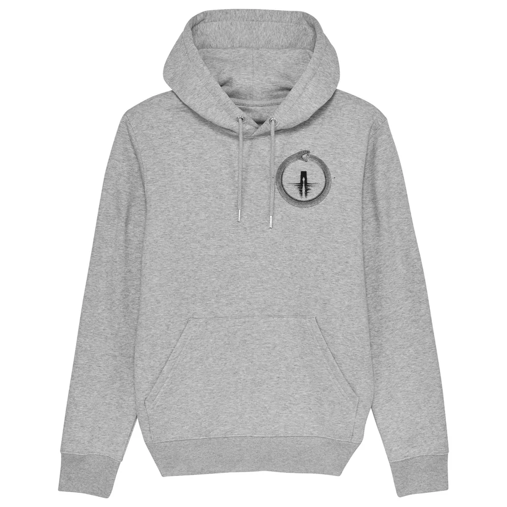 Pullover hoodie in Heather Grey, front view: small black ouroboros emblem on the front.