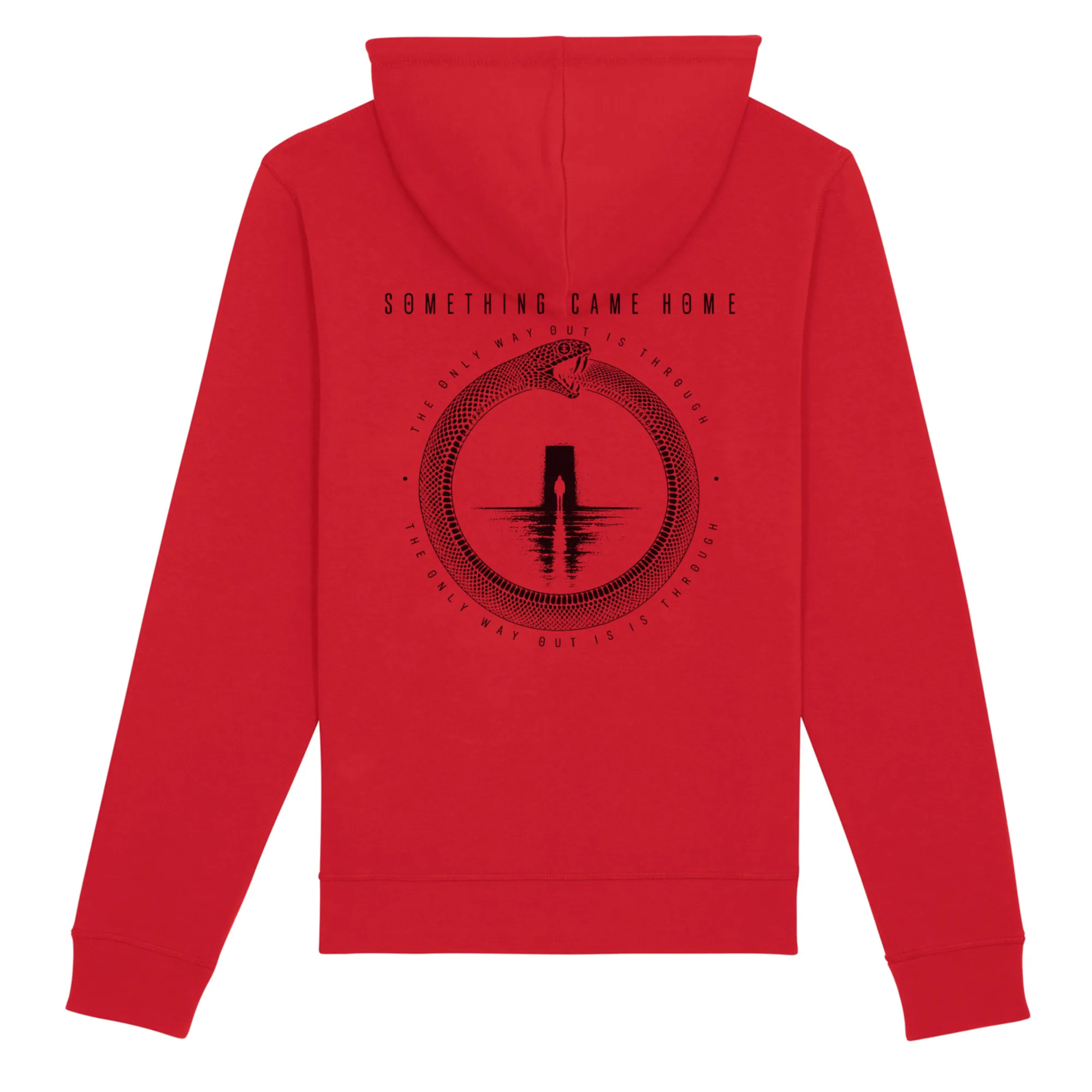 Pullover hoodie in Red, back view: full black ouroboros design on the back, a snake circling a lone figure at a doorway.