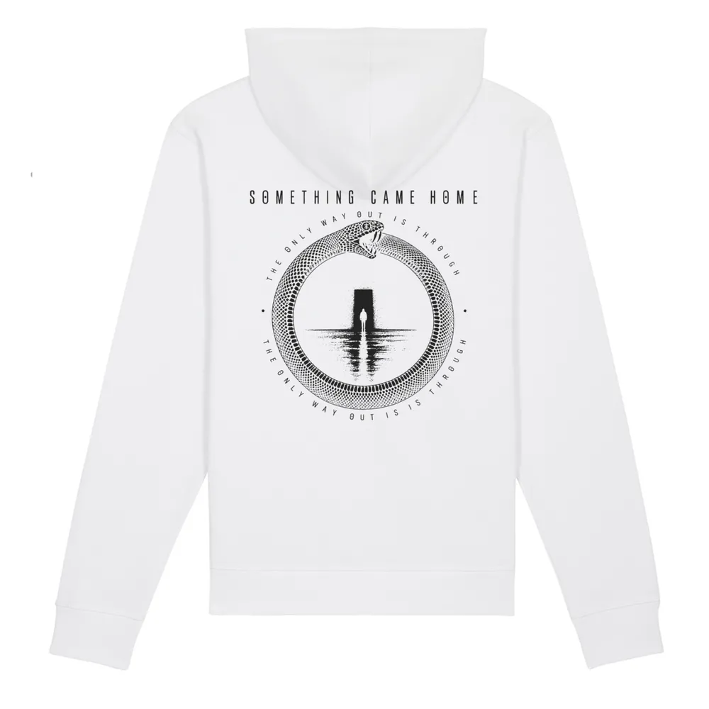Pullover hoodie in White, back view: full black ouroboros design on the back, a snake circling a lone figure at a doorway.