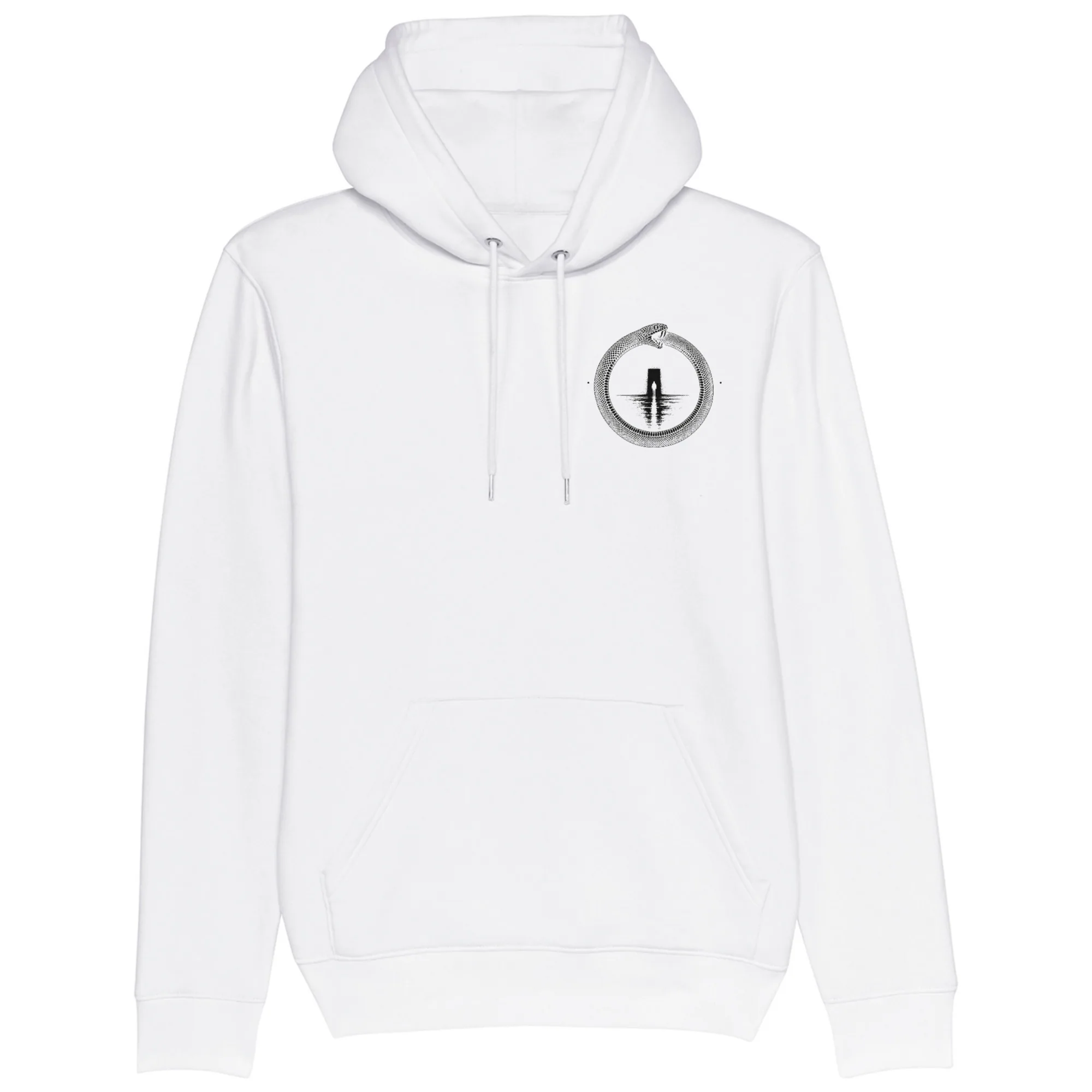 Pullover hoodie in White, front view: small black ouroboros emblem on the front.
