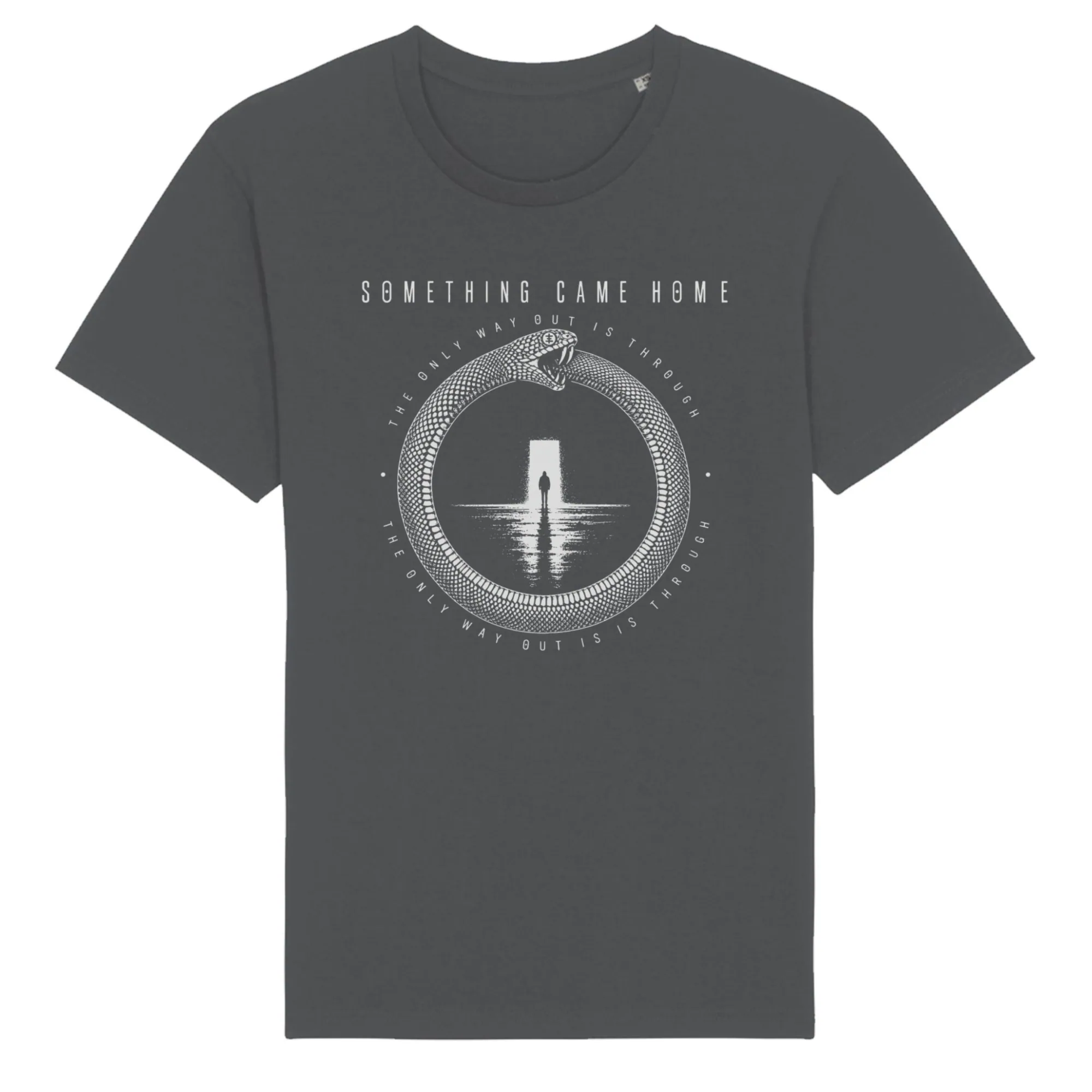Short sleeve tee in Anthracite, front view: white ouroboros snake around a lone figure at a doorway, with the band name above.