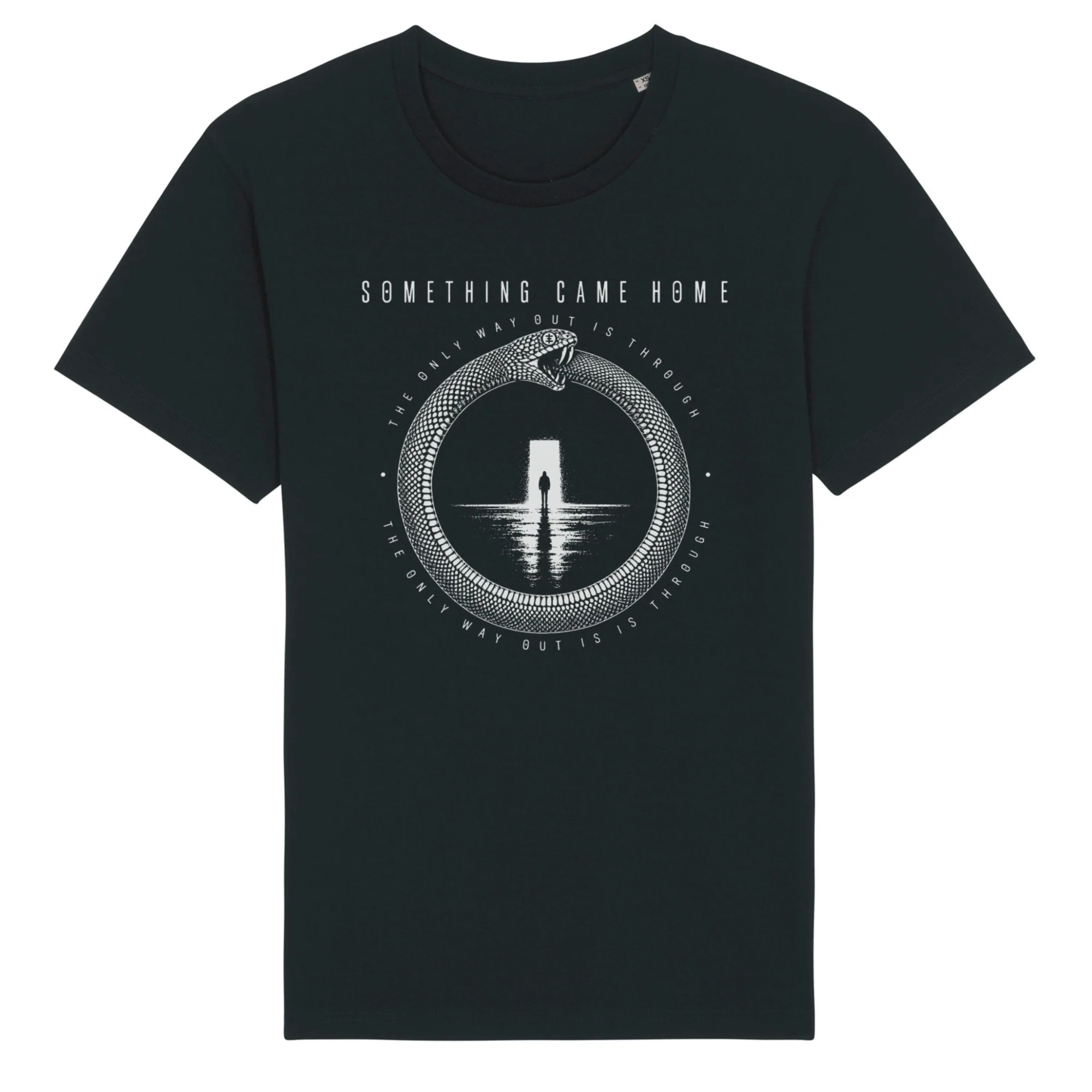 Short sleeve tee in Black, front view: white ouroboros snake around a lone figure at a doorway, with the band name above.