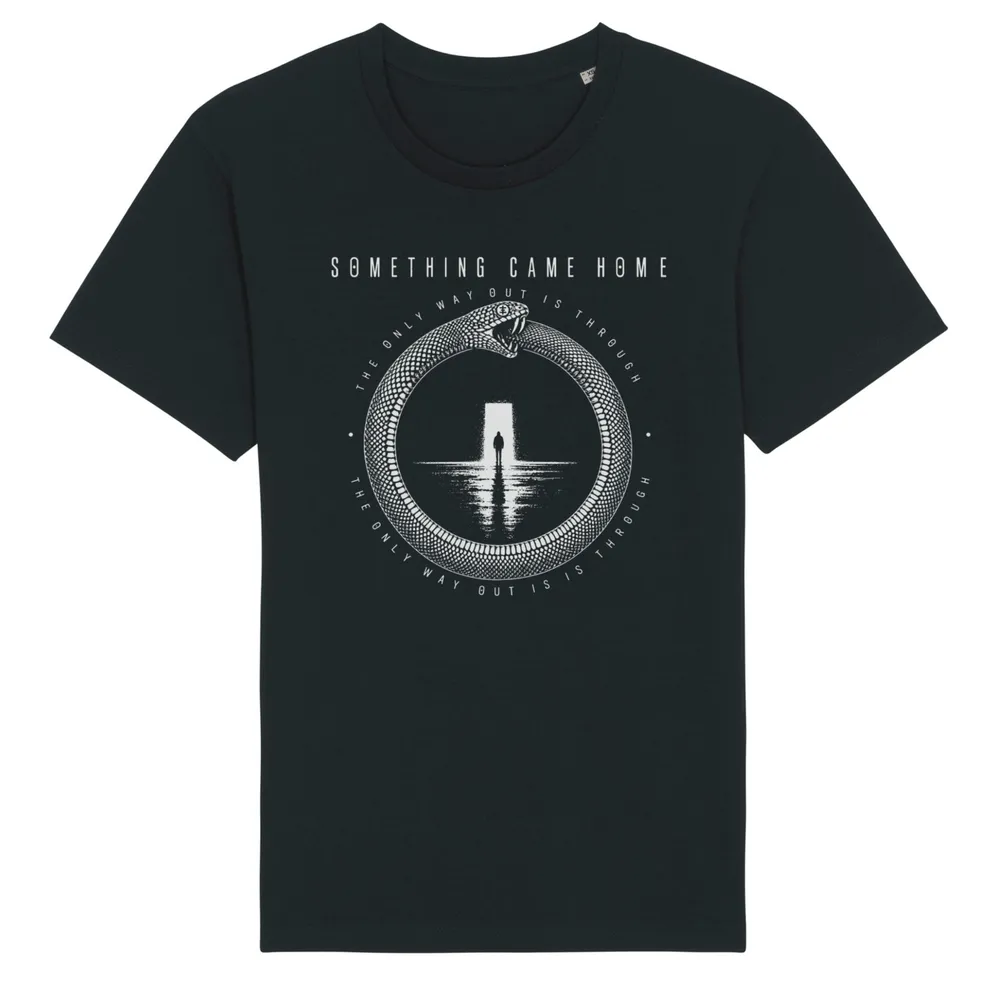 Short sleeve tee in Black, front view: white ouroboros snake around a lone figure at a doorway, with the band name above.