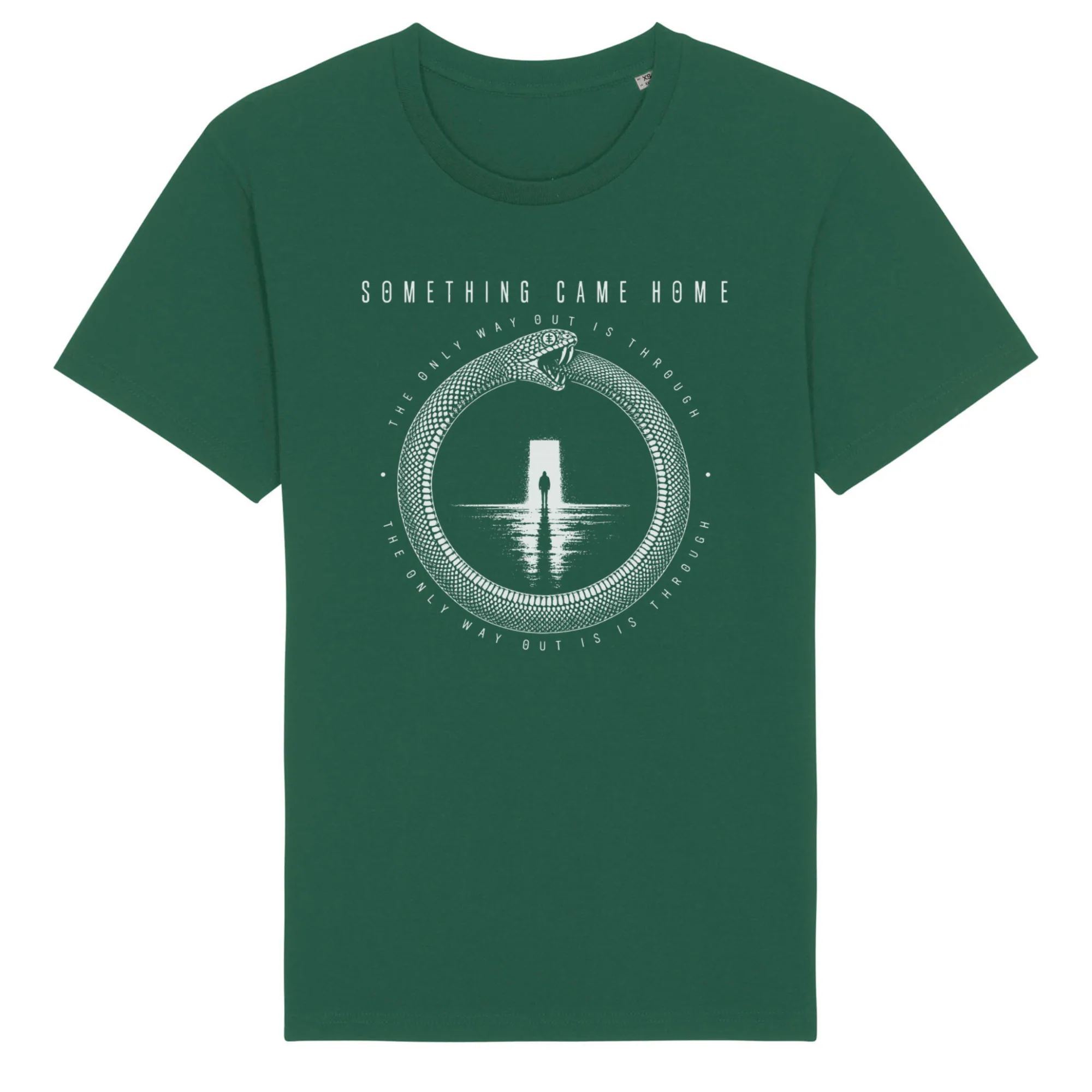 Short sleeve tee in Bottle Green, front view: white ouroboros snake around a lone figure at a doorway, with the band name above.