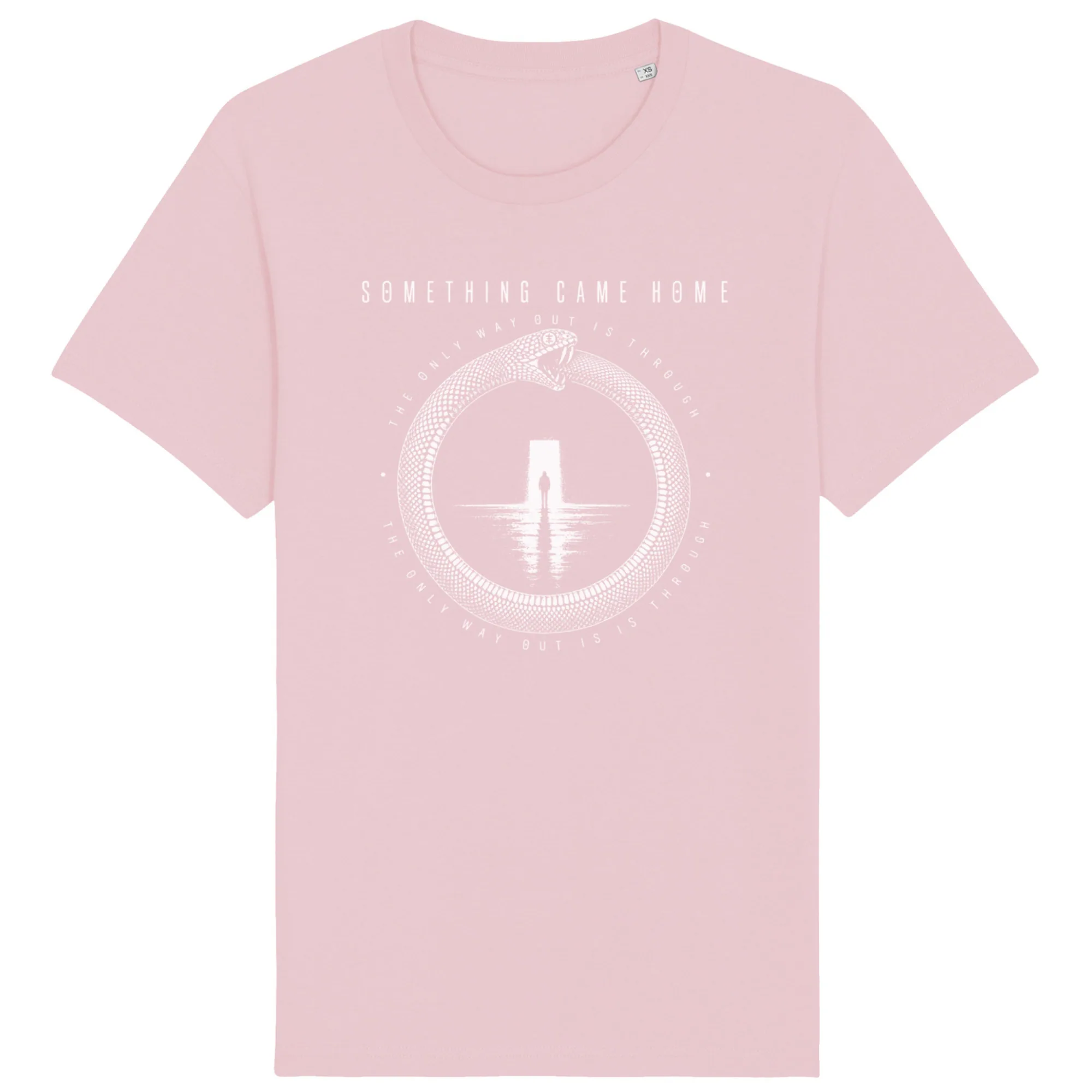 Short sleeve tee in Cotton Pink, front view: white ouroboros snake around a lone figure at a doorway, with the band name above.