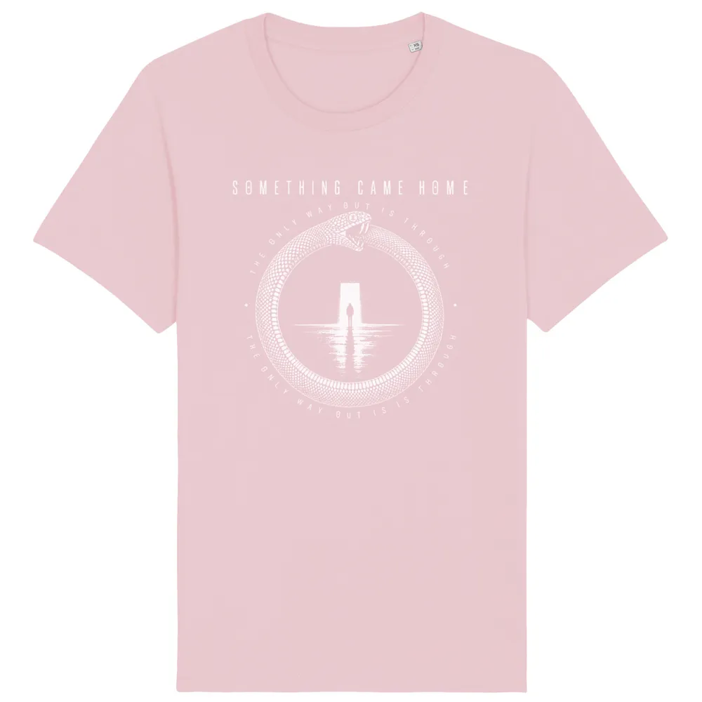 Short sleeve tee in Cotton Pink, front view: white ouroboros snake around a lone figure at a doorway, with the band name above.