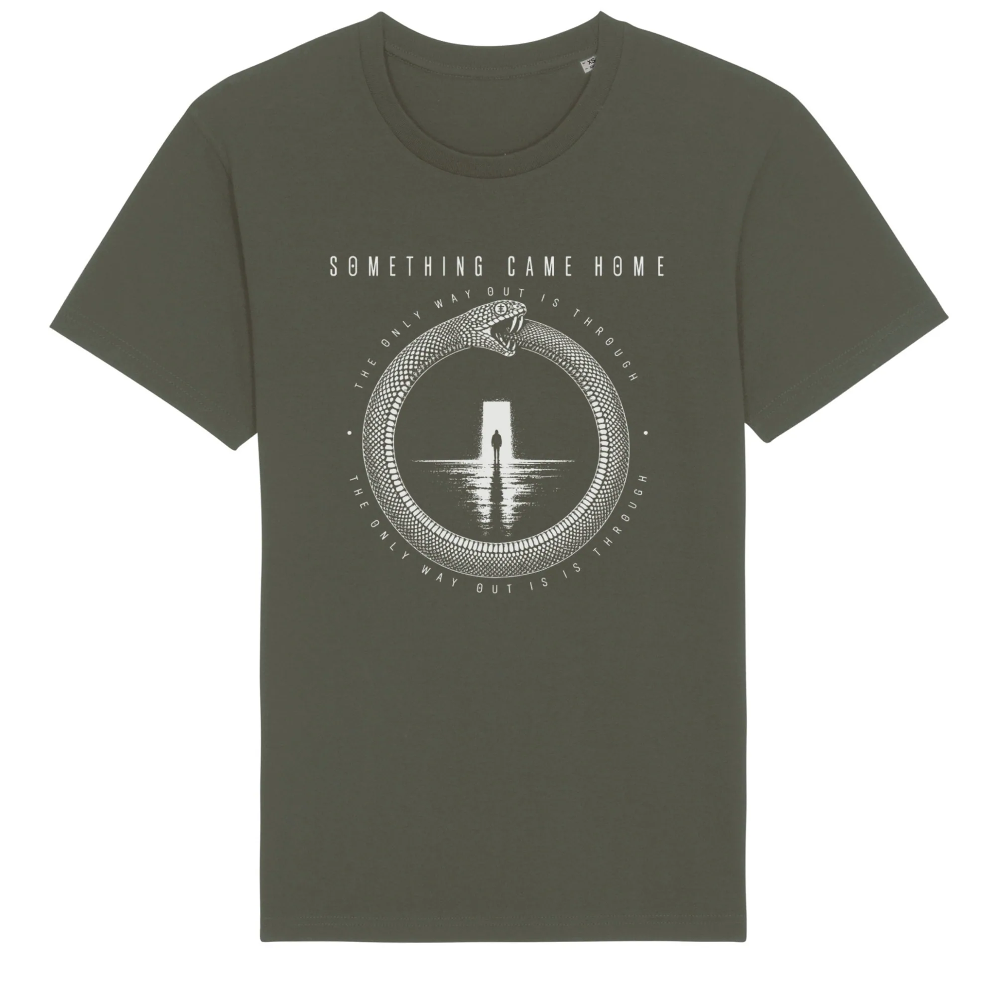 Short sleeve tee in Khaki, front view: white ouroboros snake around a lone figure at a doorway, with the band name above.