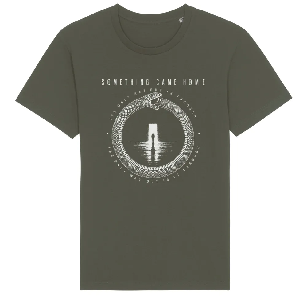 Short sleeve tee in Khaki, front view: white ouroboros snake around a lone figure at a doorway, with the band name above.