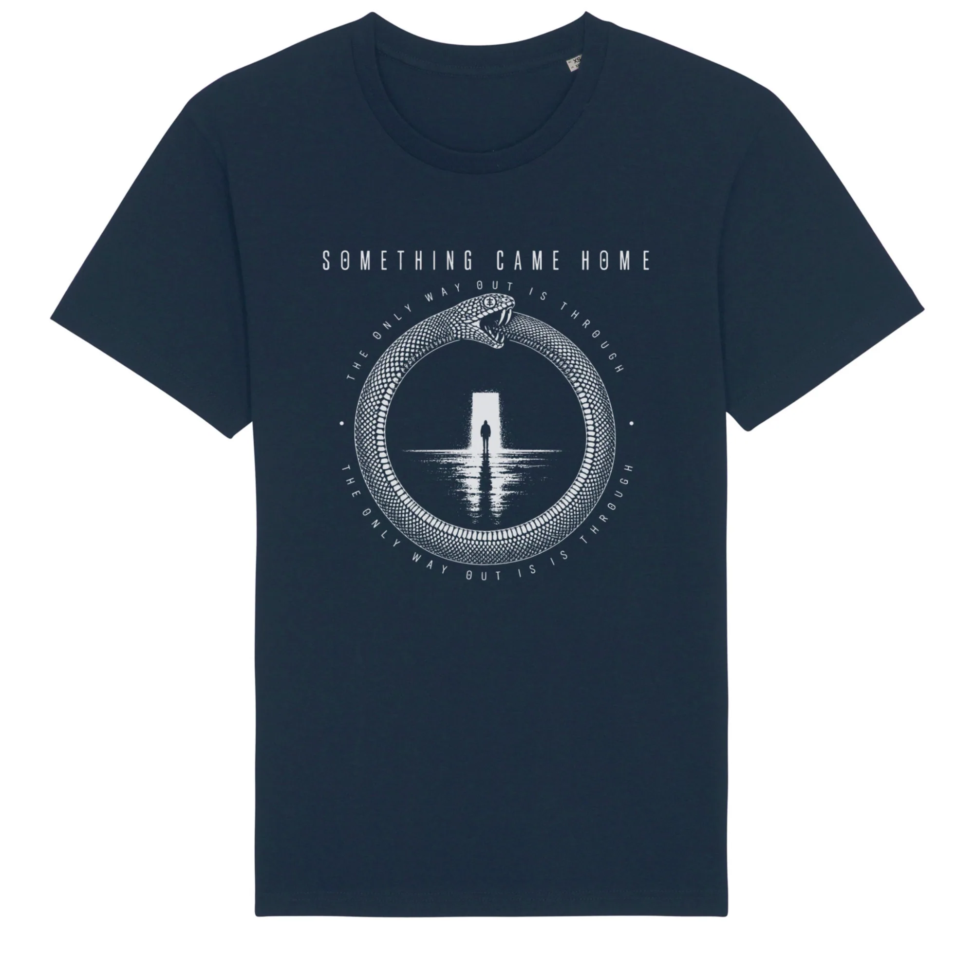 Short sleeve tee in Navy, front view: white ouroboros snake around a lone figure at a doorway, with the band name above.