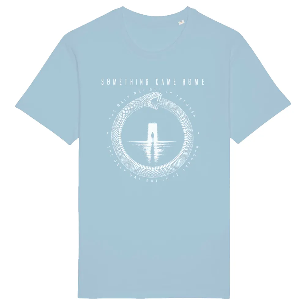 Short sleeve tee in Sky Blue, front view: white ouroboros snake around a lone figure at a doorway, with the band name above.