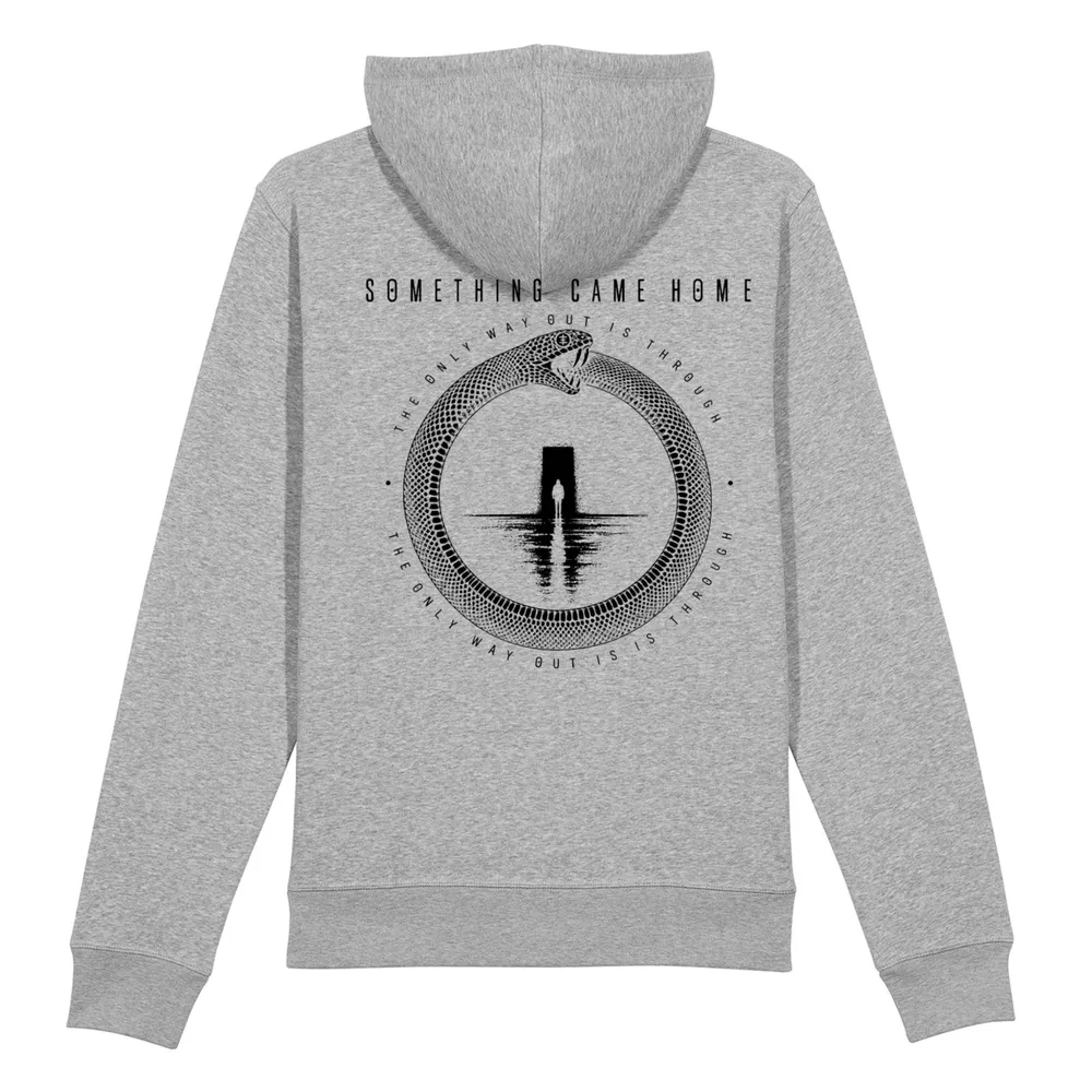 Zip hoodie in Heather Grey, back view: full black ouroboros design on the back, a snake circling a lone figure at a doorway.
