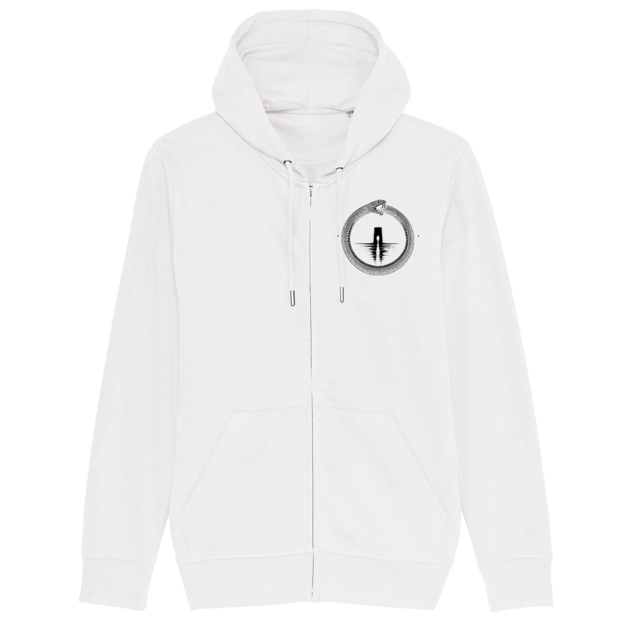 Zip hoodie in White, front view: small black ouroboros emblem on the front.