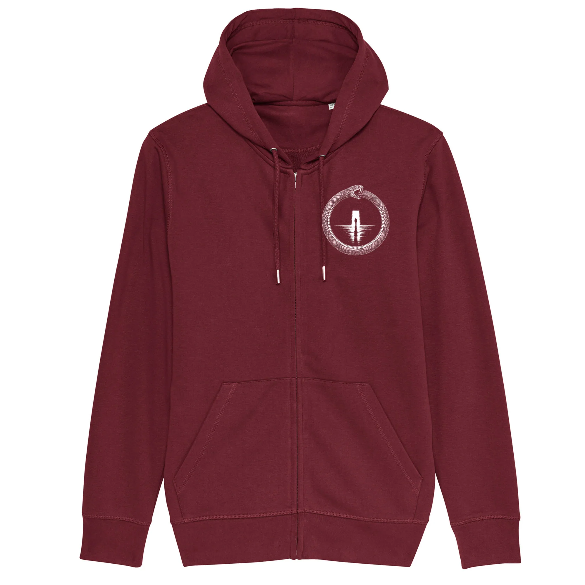 Zip hoodie in Burgundy, front view: small ouroboros emblem on the front.