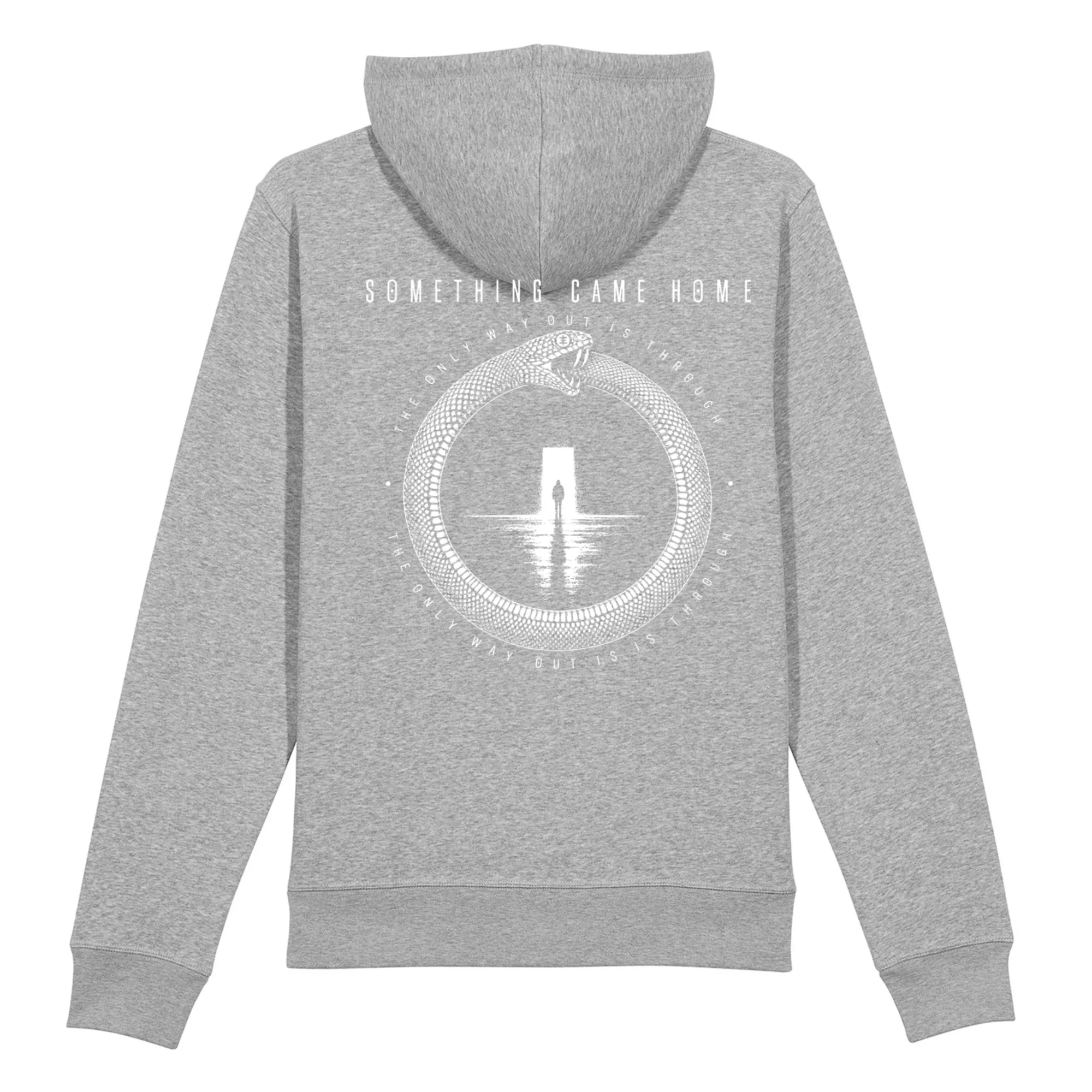 Zip hoodie in Heather Grey, back view: full ouroboros design on the back, a snake circling a lone figure at a doorway.