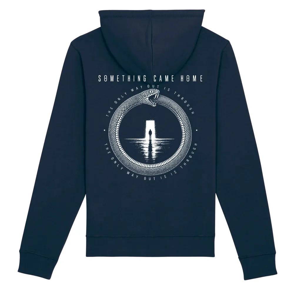 Zip hoodie in Navy, back view: full ouroboros design on the back, a snake circling a lone figure at a doorway.